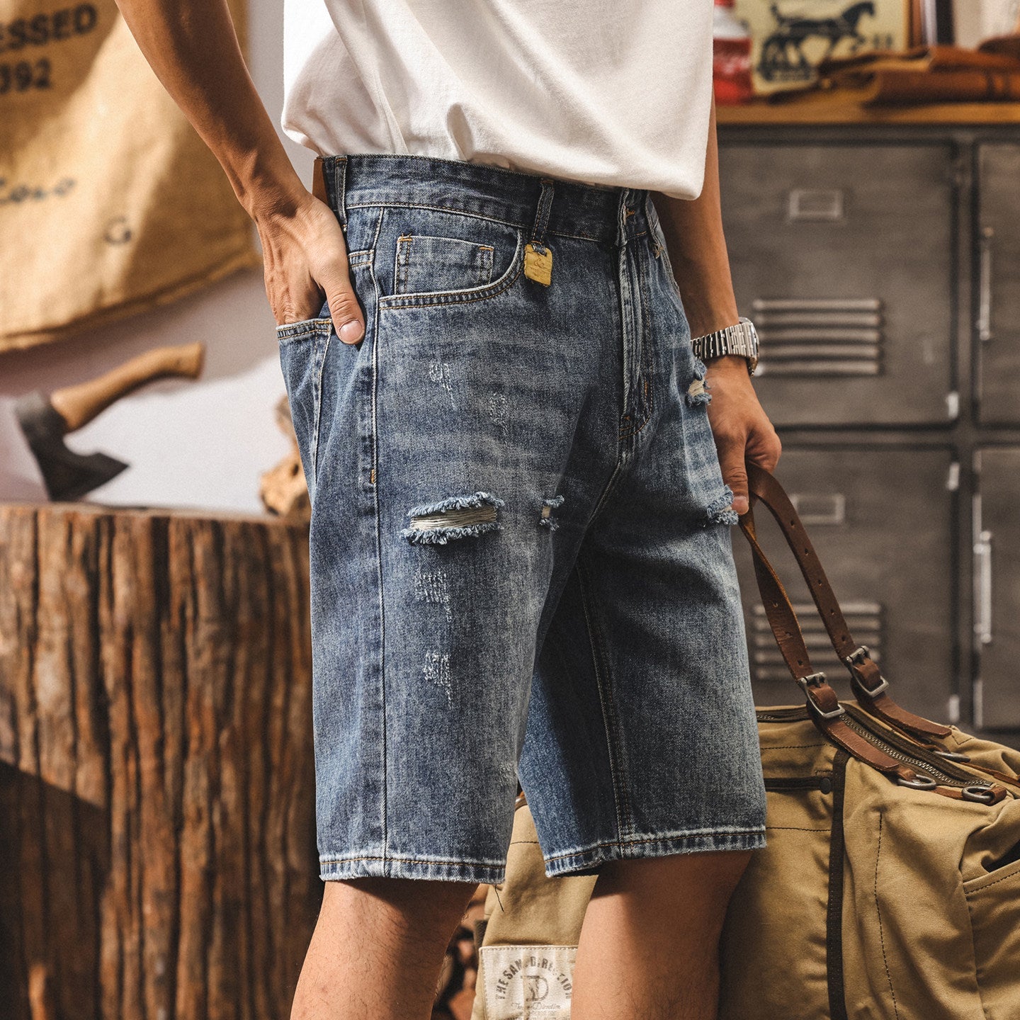 #HLK-8630-2-ST# American retro ripped denim shorts