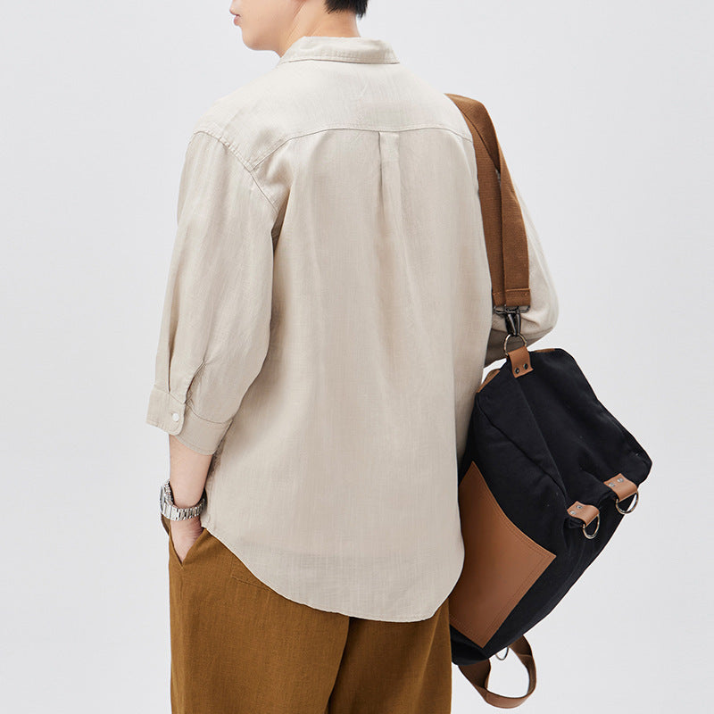 #A129-T201# Vintage linen three-quarter sleeve shirt