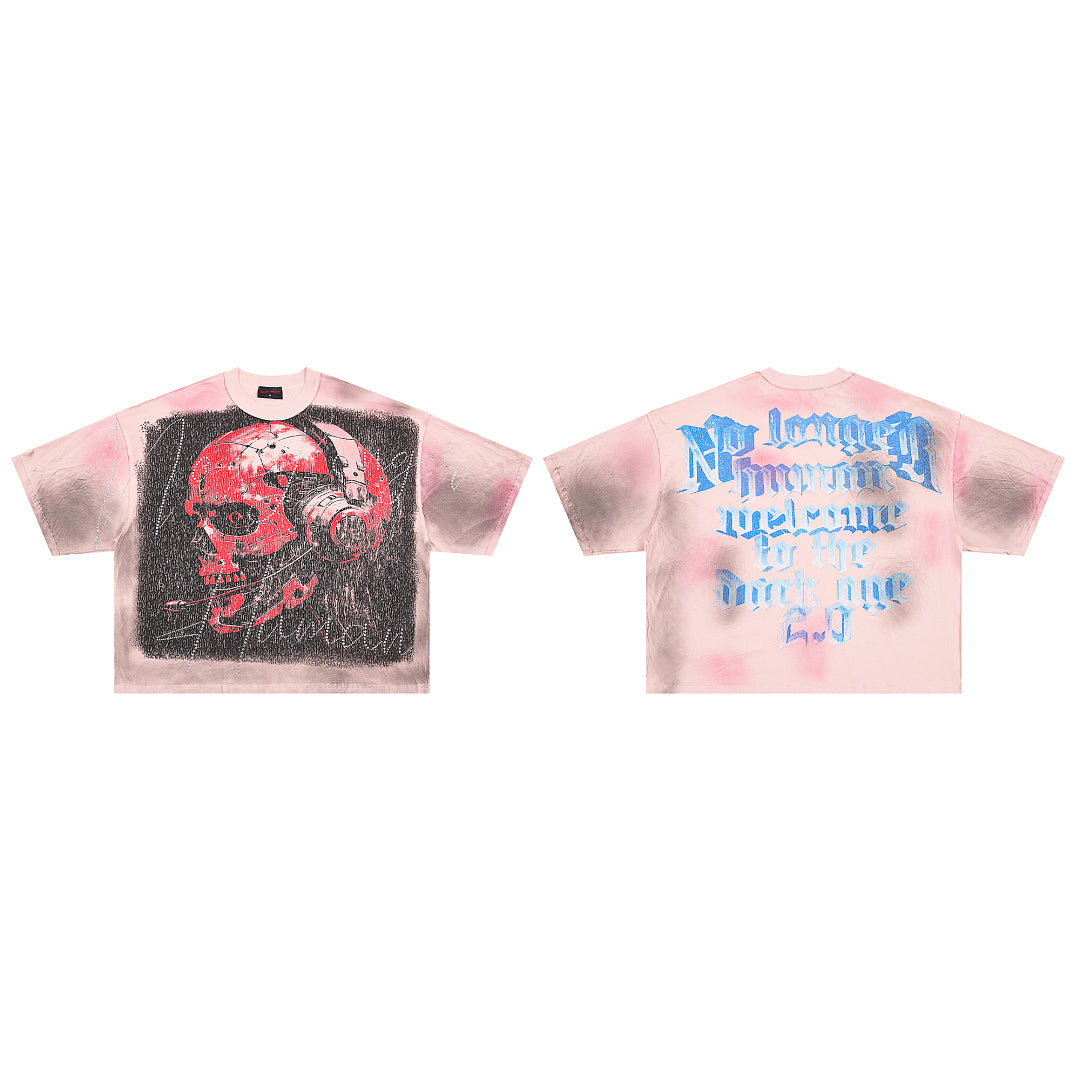 Rare Peace No Longer Human Welcome to the Dark One 2.0 Skull Gas Mask Graphic Tee - Pink