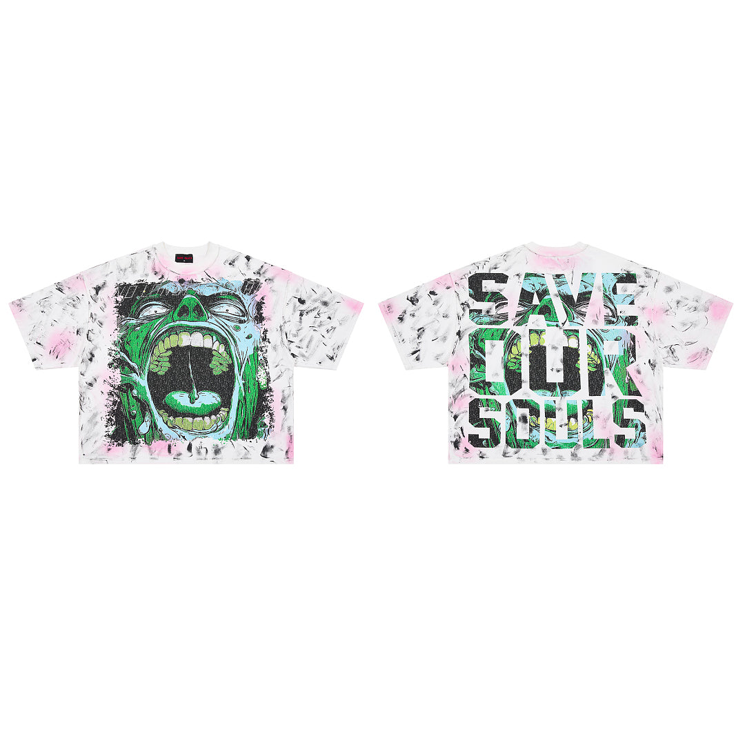 Rare Peace Enraged Save Our Souls Monster Screaming Crop Tee - Tie Dye White Pink