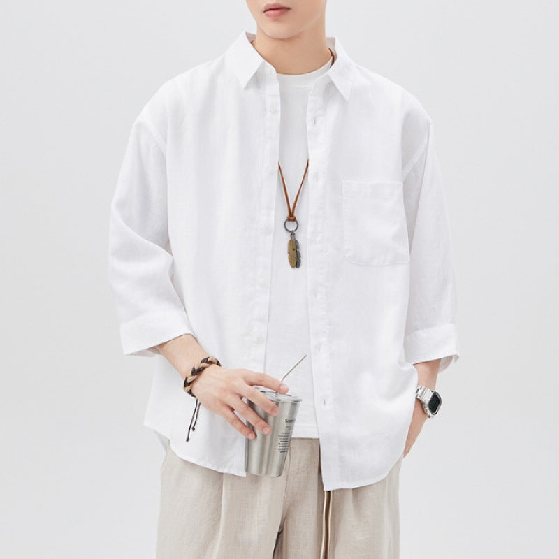 #A129-T201# Vintage linen three-quarter sleeve shirt