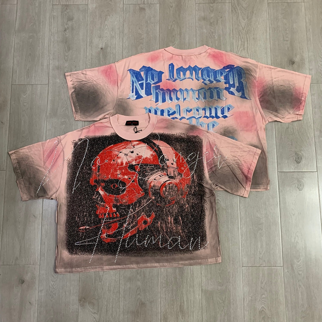 Rare Peace No Longer Human Welcome to the Dark One 2.0 Skull Gas Mask Graphic Tee - Pink
