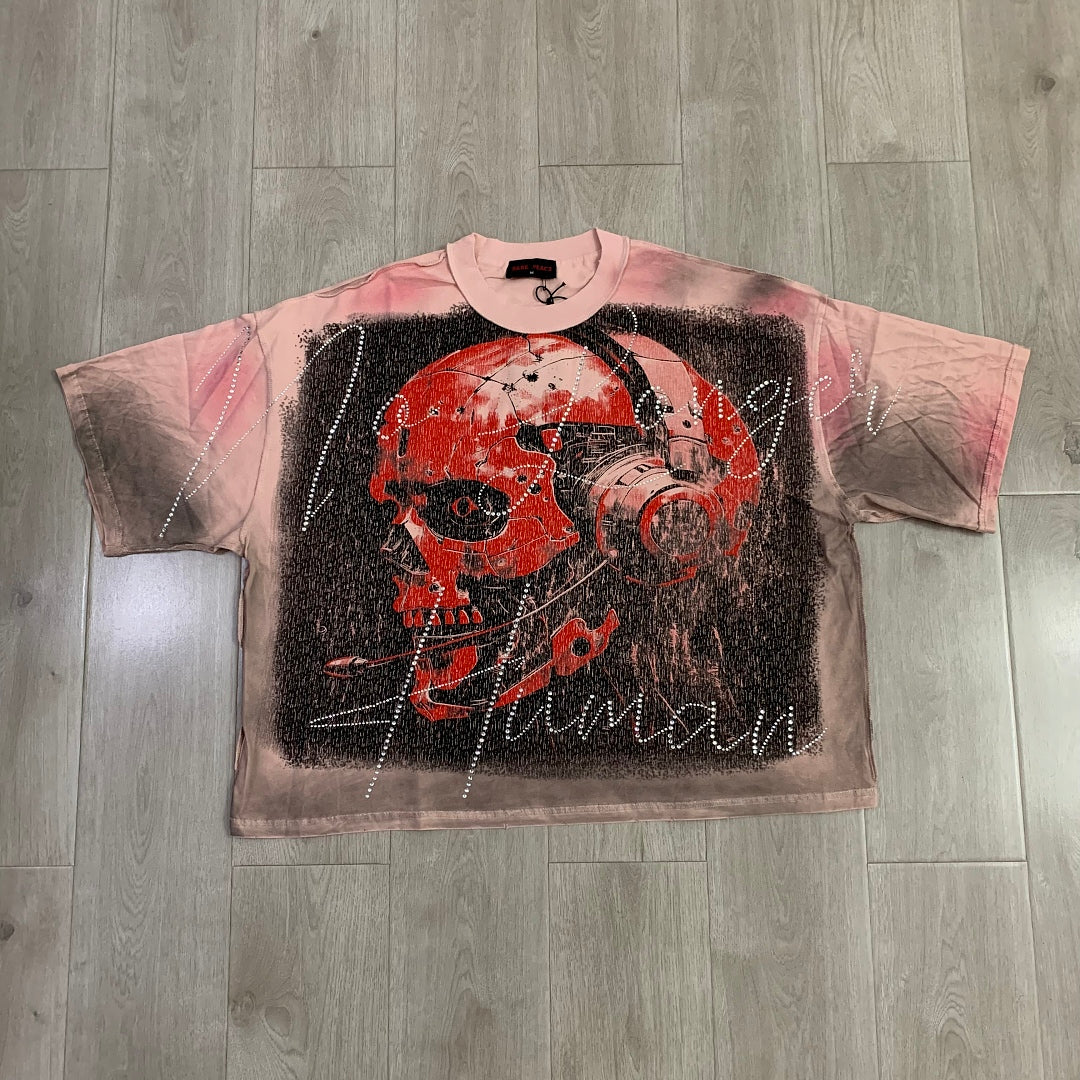 Rare Peace No Longer Human Welcome to the Dark One 2.0 Skull Gas Mask Graphic Tee - Pink