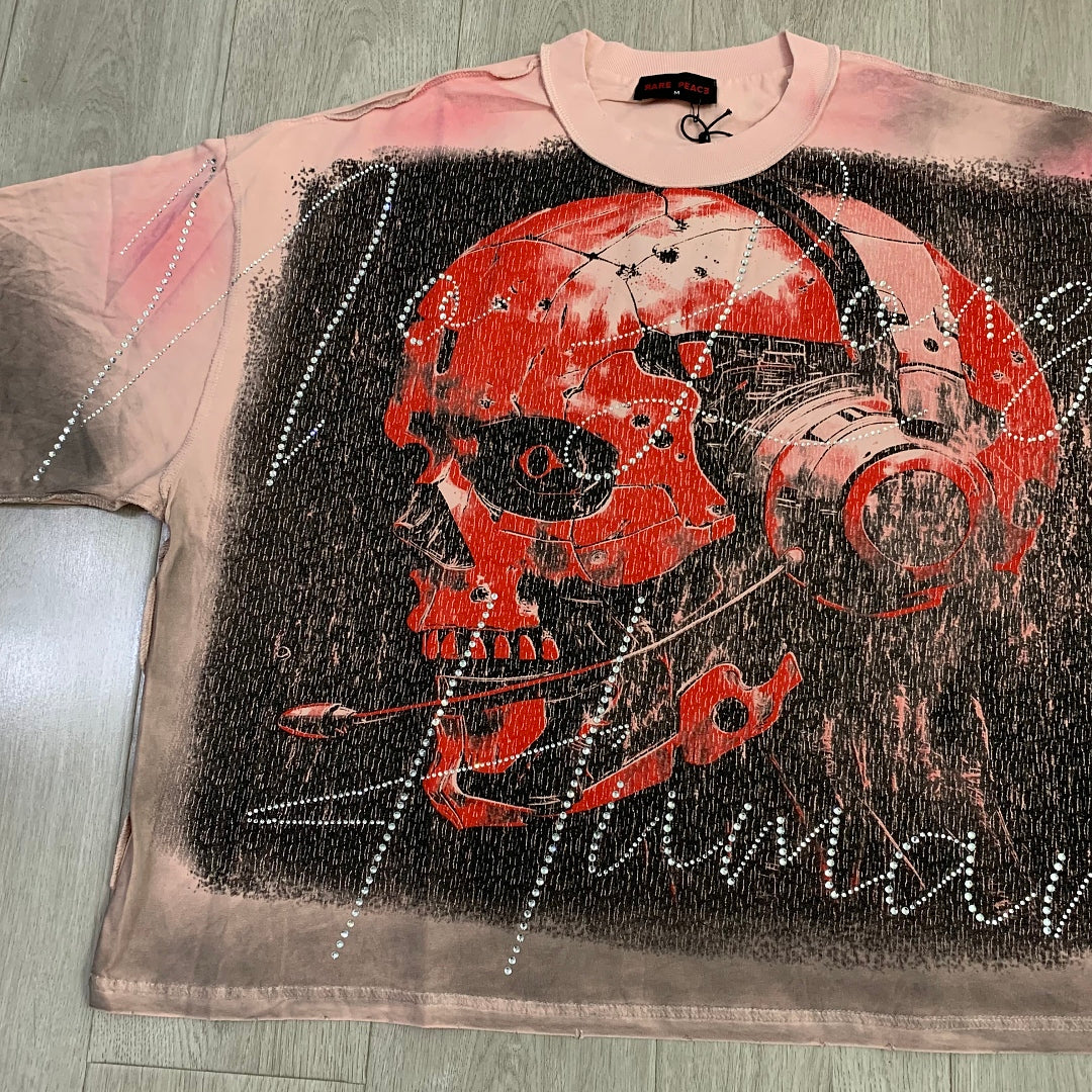 Rare Peace No Longer Human Welcome to the Dark One 2.0 Skull Gas Mask Graphic Tee - Pink