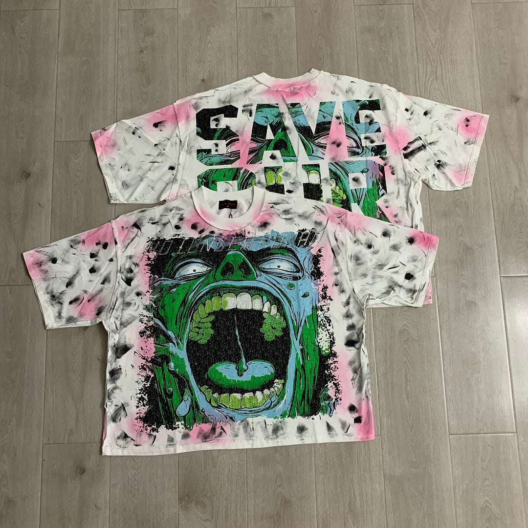 Rare Peace Enraged Save Our Souls Monster Screaming Crop Tee - Tie Dye White Pink