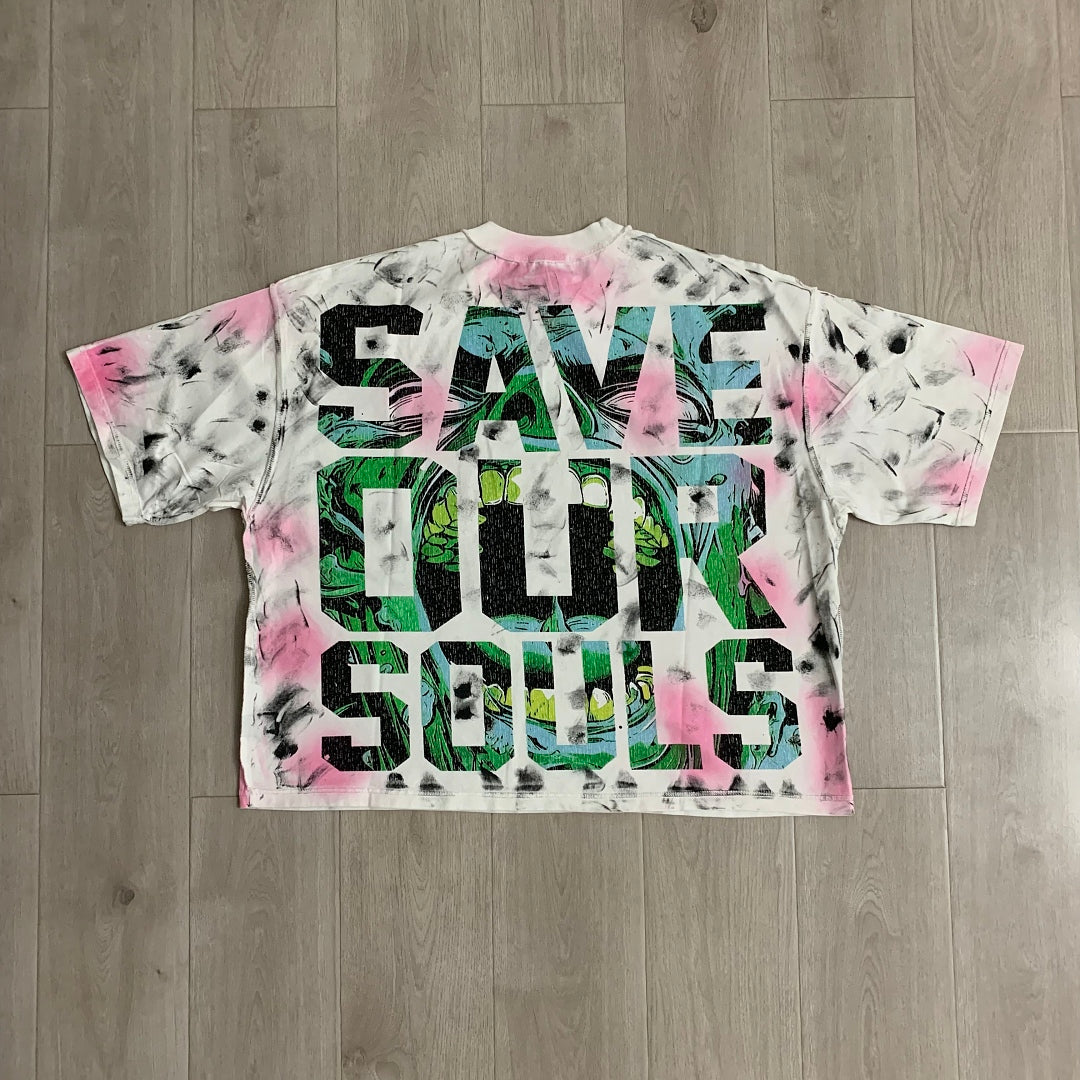 Rare Peace Enraged Save Our Souls Monster Screaming Crop Tee - Tie Dye White Pink
