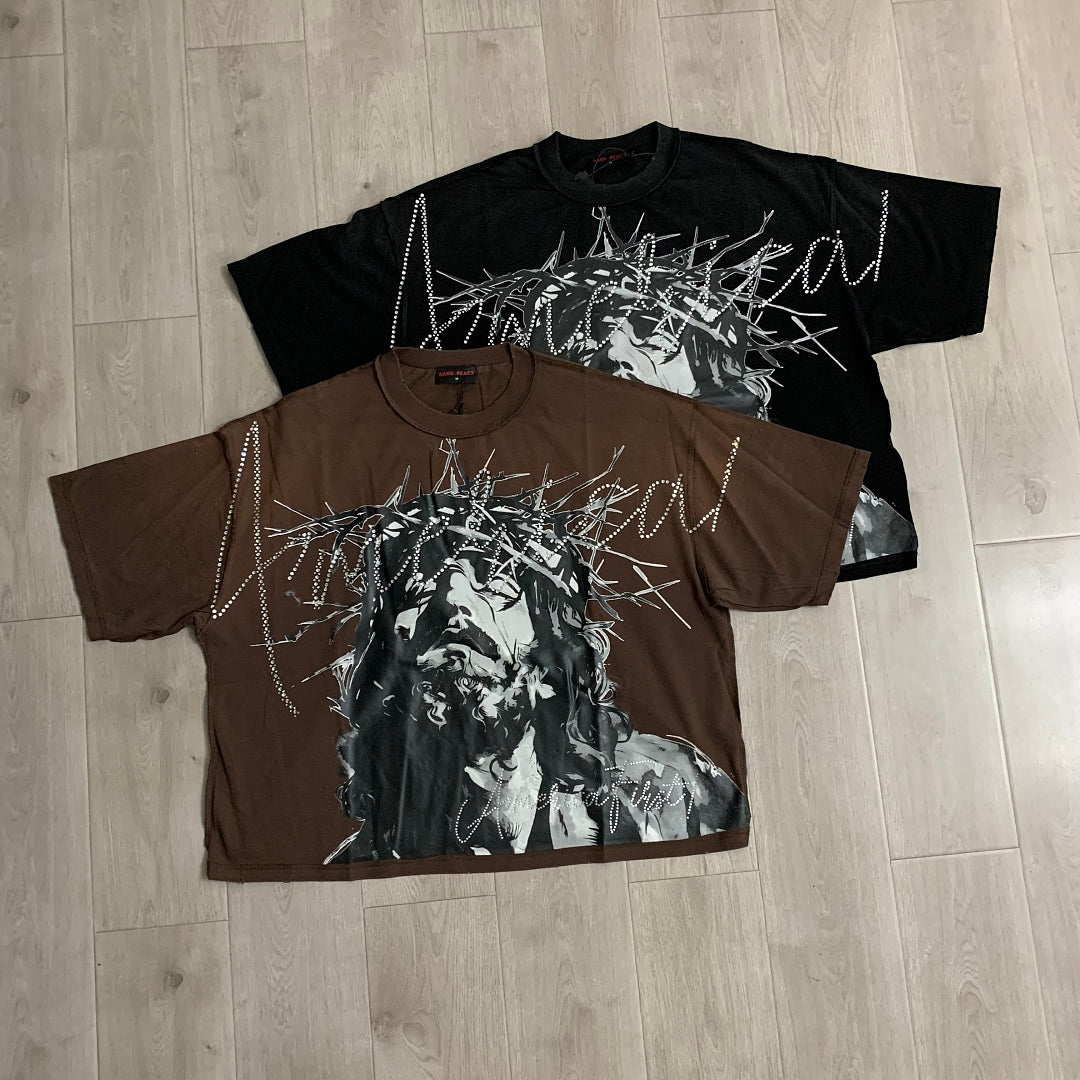 Rare Peace America First Jesus Crown of Thorns Sorry for the Rest of the World Crop Tee - Brown
