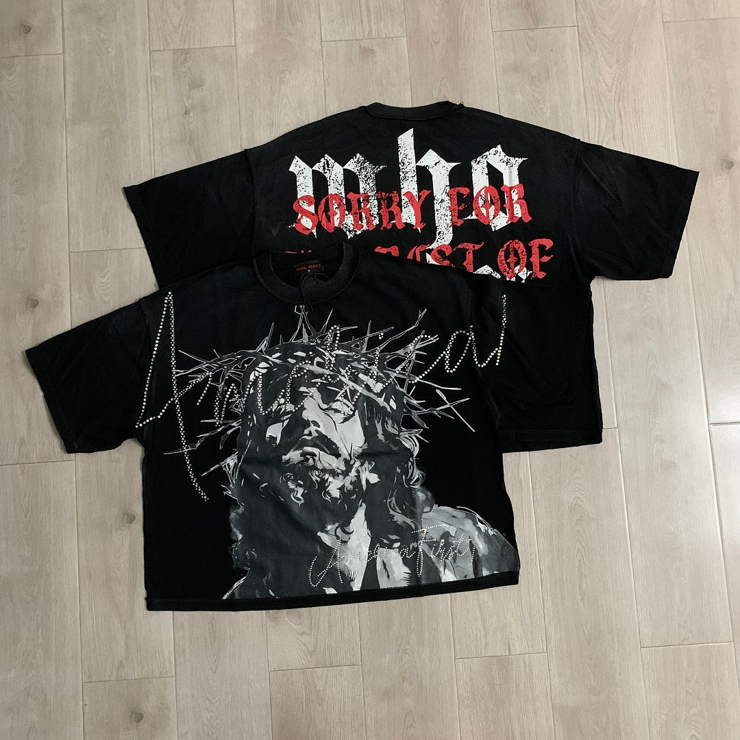 Rare Peace America First Jesus Crown of Thorns Sorry for the Rest of the World Crop Tee - Brown