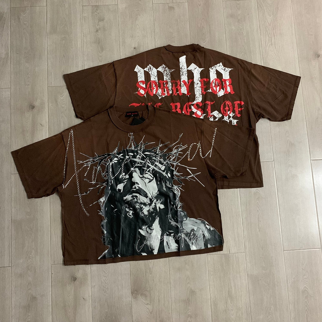 Rare Peace America First Jesus Crown of Thorns Sorry for the Rest of the World Crop Tee - Brown