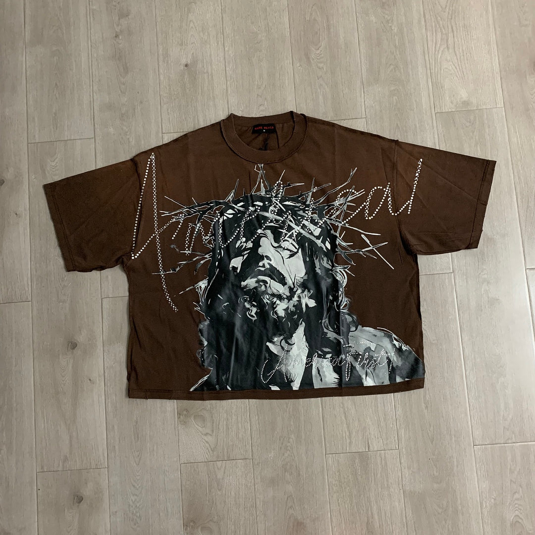 Rare Peace America First Jesus Crown of Thorns Sorry for the Rest of the World Crop Tee - Brown