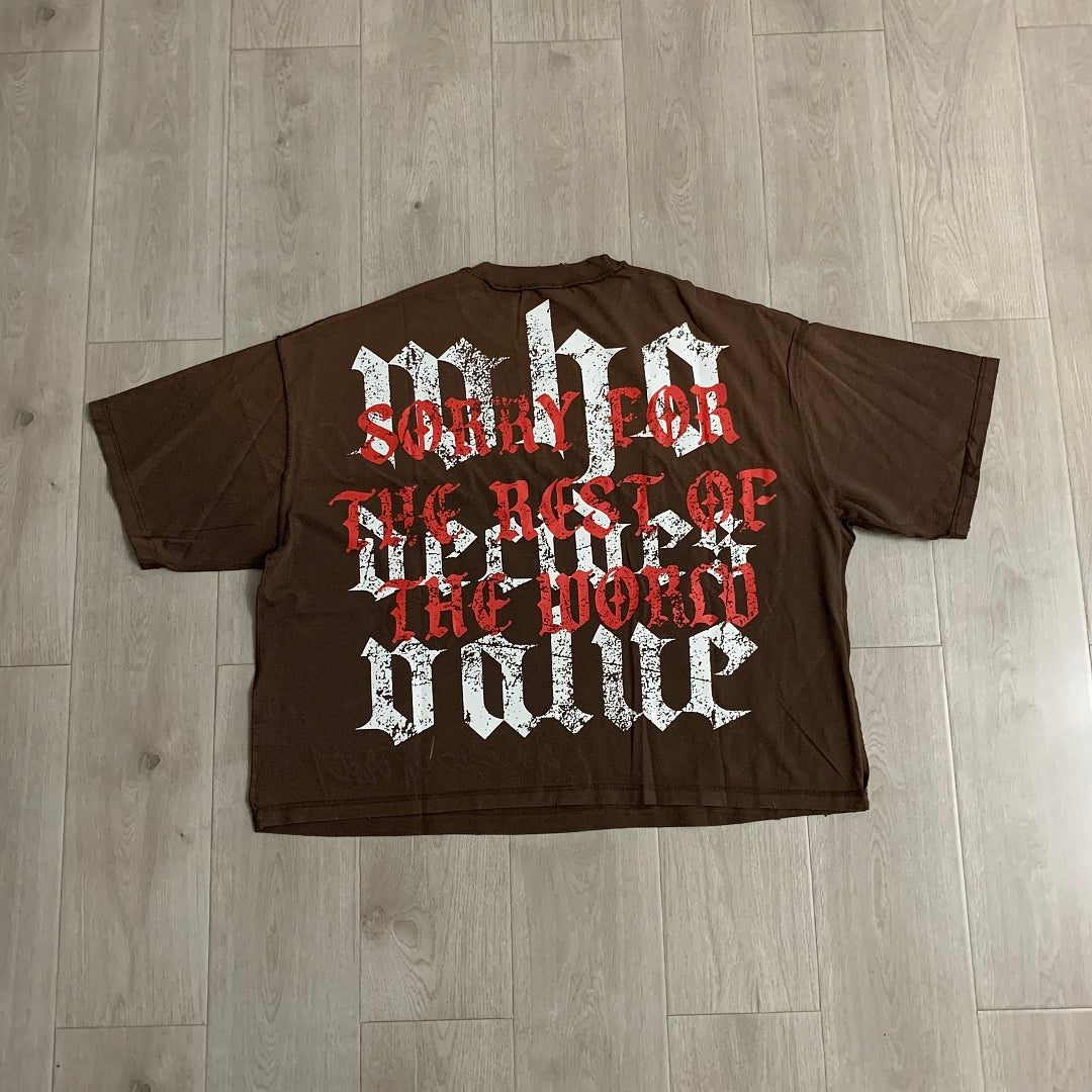 Rare Peace America First Jesus Crown of Thorns Sorry for the Rest of the World Crop Tee - Brown