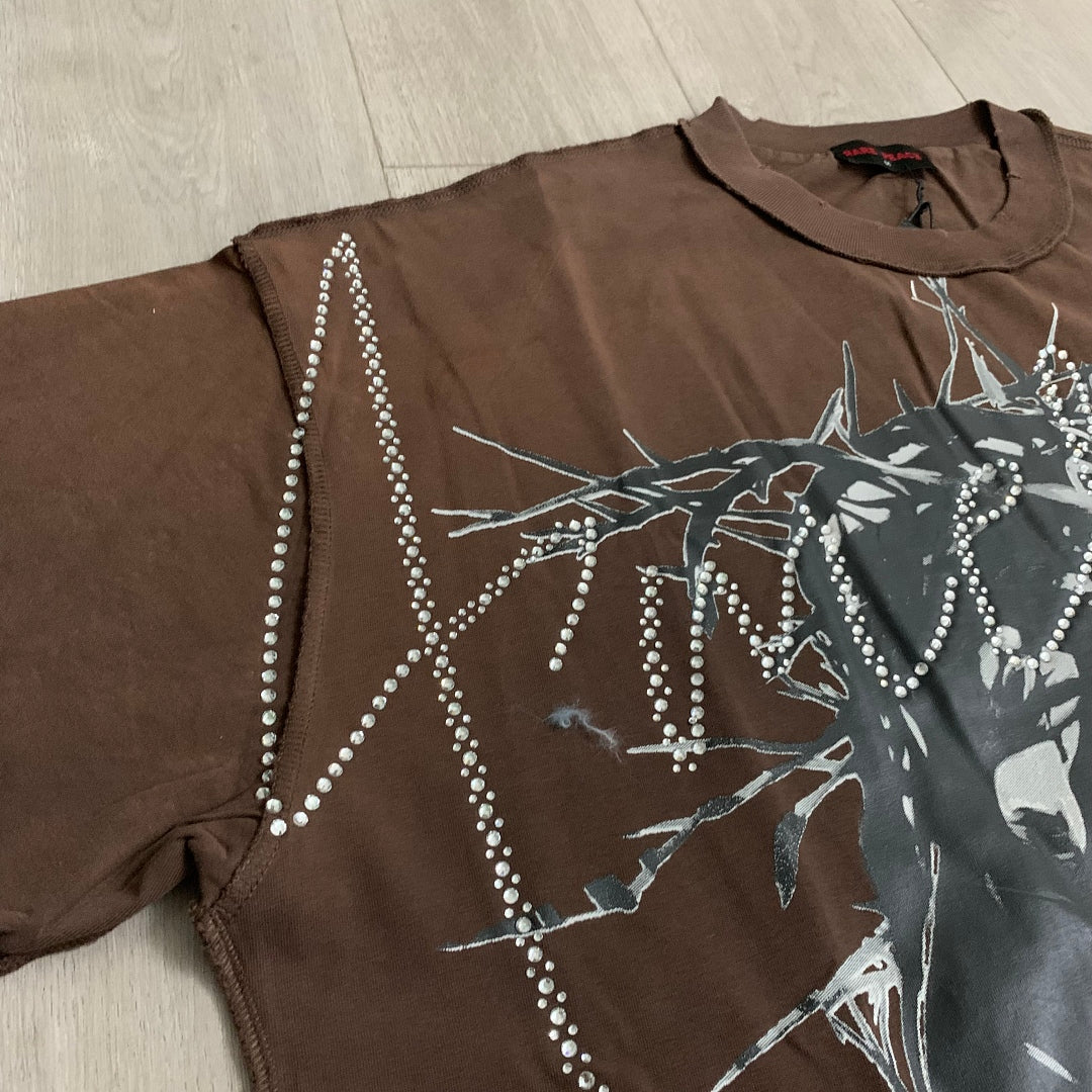 Rare Peace America First Jesus Crown of Thorns Sorry for the Rest of the World Crop Tee - Brown