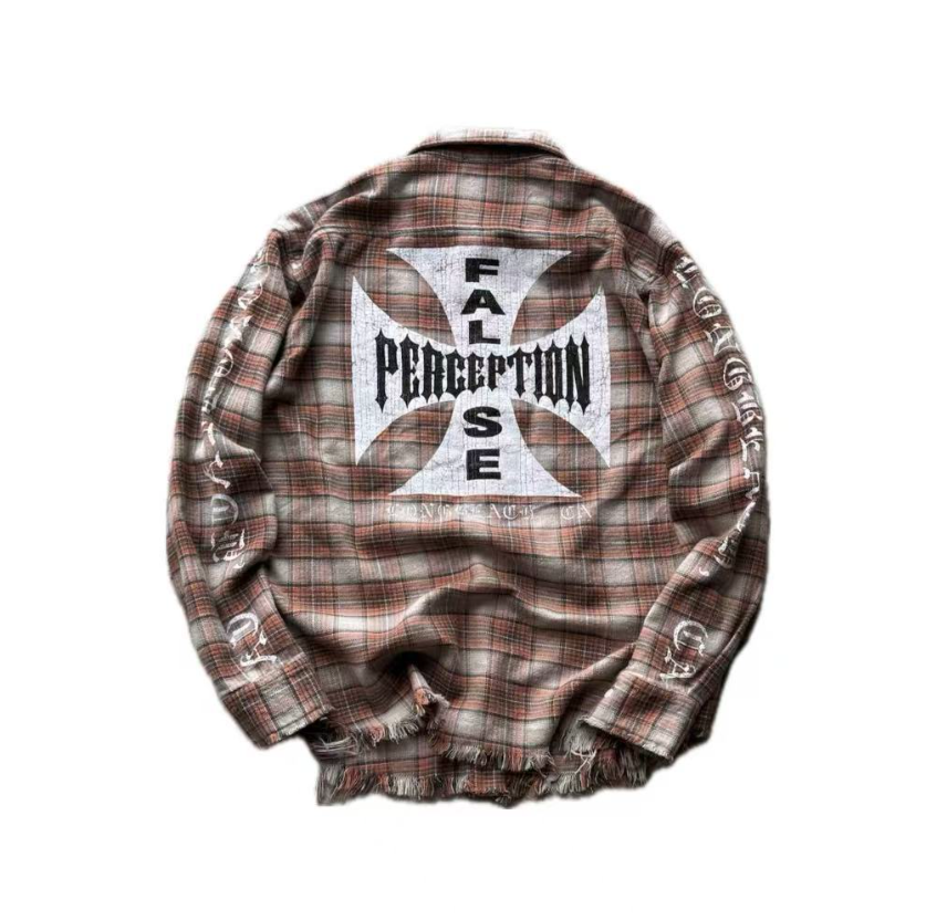 False Perception Cracked Cross Distressed Plaid Flannel
