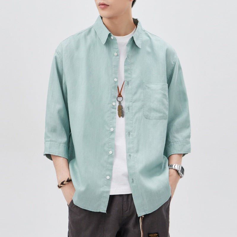 #A129-T201# Vintage linen three-quarter sleeve shirt