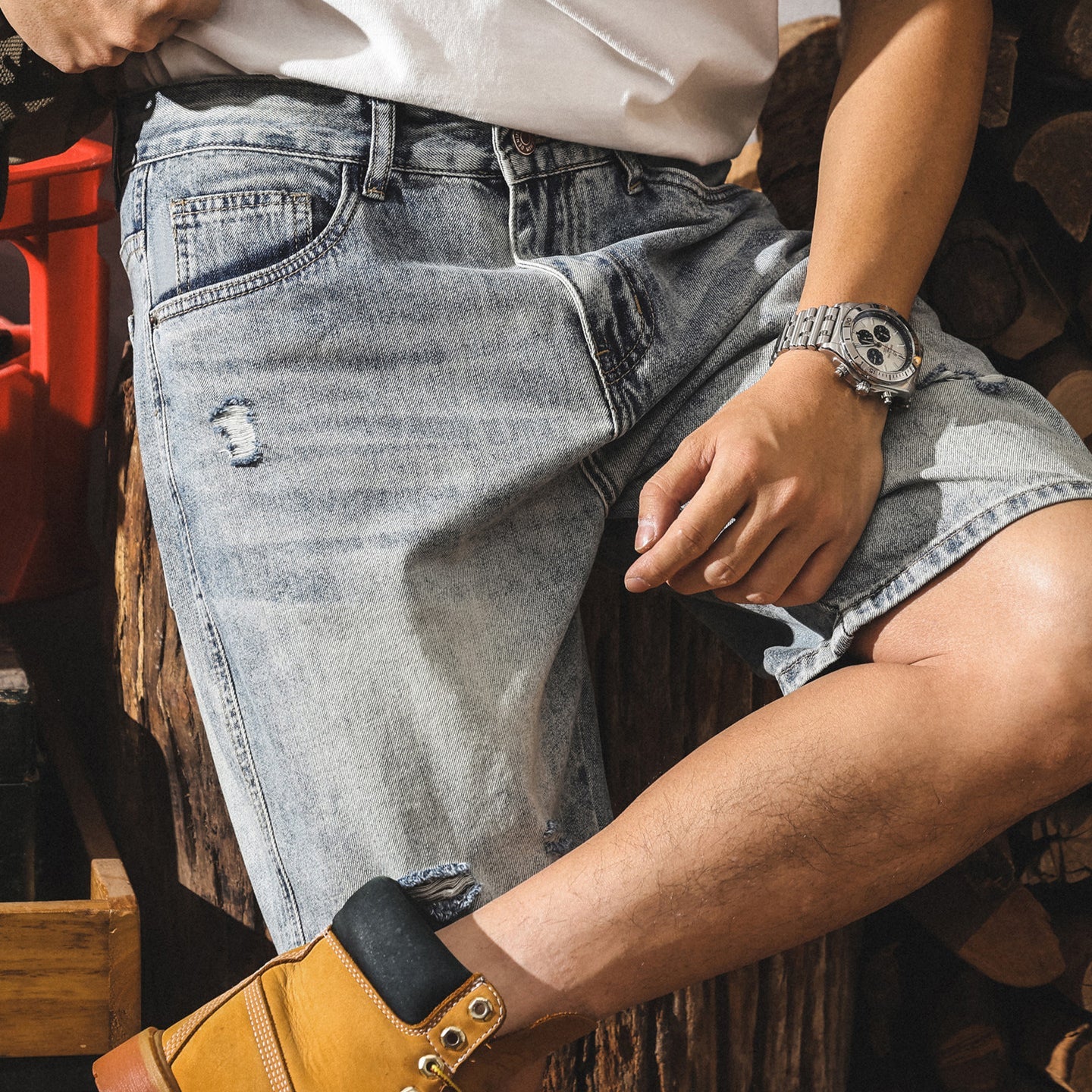 #HKL-8689-2-ST# American retro ripped denim shorts