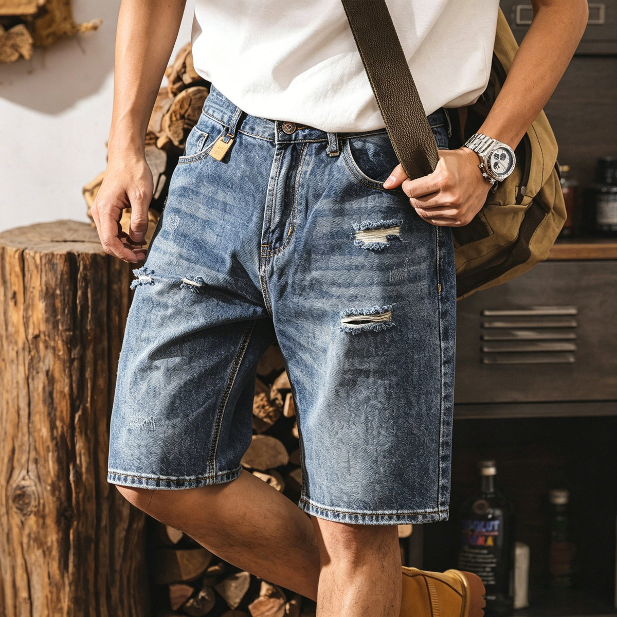 #HLK-8630-2-ST# American retro ripped denim shorts