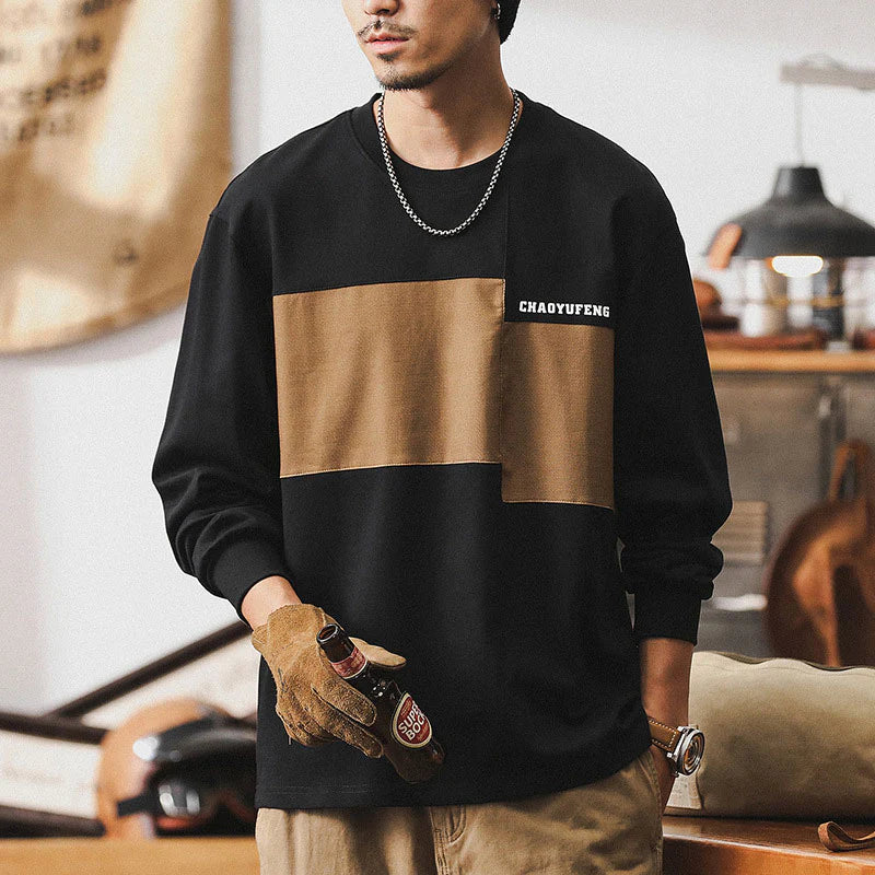 #MKQS-5012-ST# American retro long-sleeved T-shirt with contrasting colors