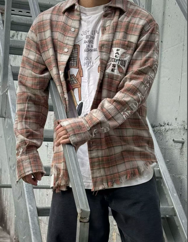 False Perception Cracked Cross Distressed Plaid Flannel