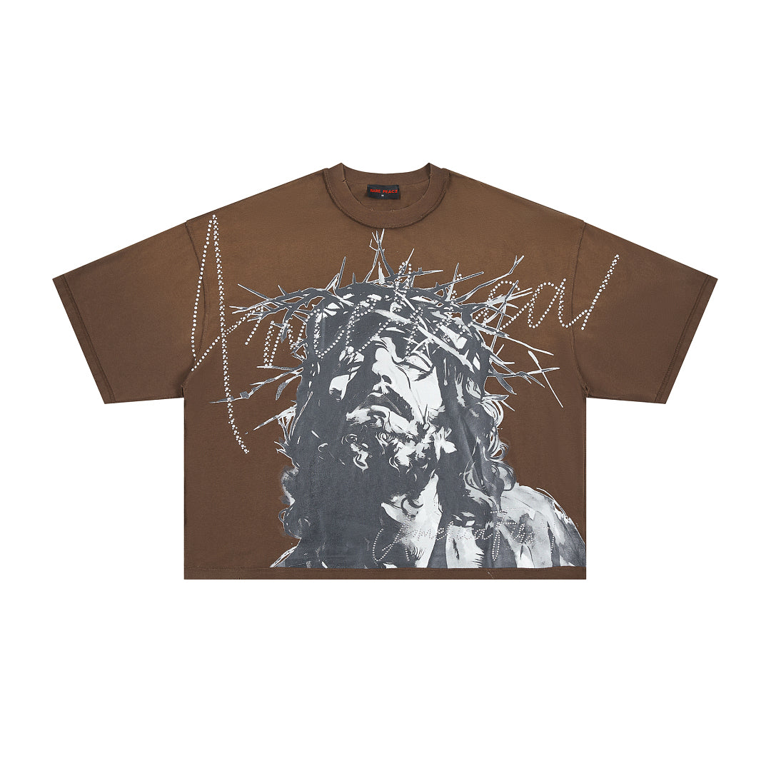 Rare Peace America First Jesus Crown of Thorns Sorry for the Rest of the World Crop Tee - Brown