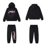 SP5DER Punk Web Graphic Pullover Hoodie and Sweatpants Matching Set - Black / Pink