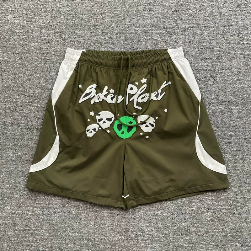 Broken Planet Alien Skull Graphic Color Block Nylon Shorts - 4 Colors Available
