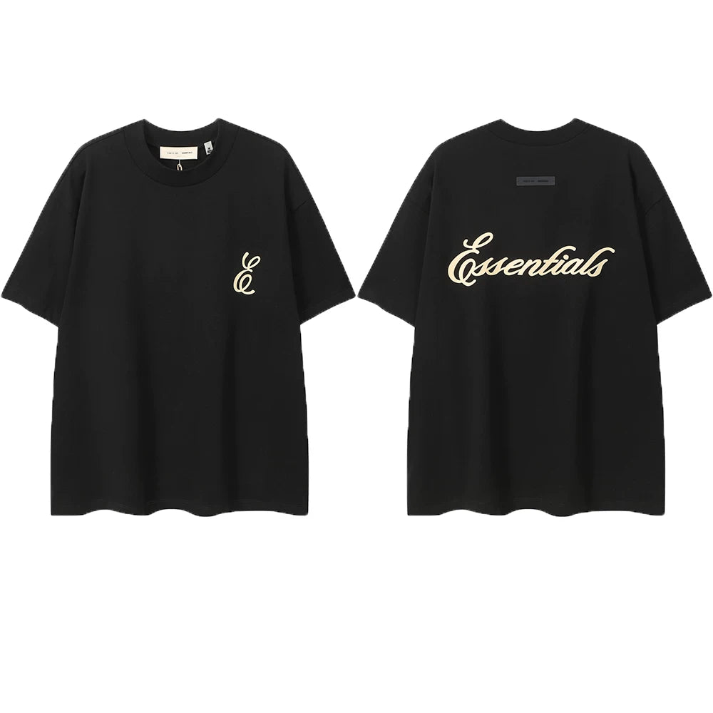 ESSENTIALS Short sleeved T-shirt European and American High Street FOG Double Line Men's and Women's American Trendy Brand Pure Cotton Round Neck Loose Set (42)