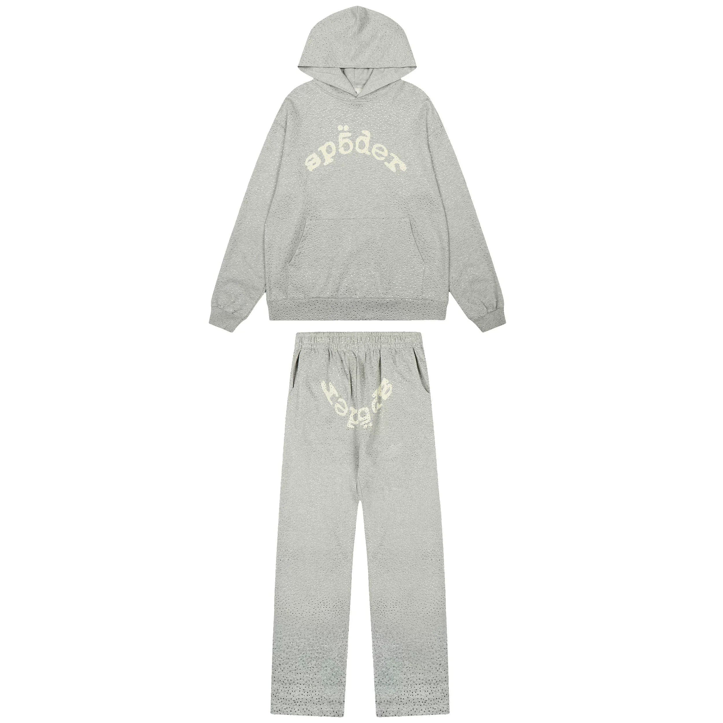 Sp5der Rhinestone Letter Graphic Grey Hoodie and Sweatpants Tracksuit Set