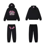 SP5DER Crown Graphic Pullover Hoodie and Sweatpants Matching Set - Black / Pink