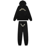 Sp5der Rhinestone Letter Graphic Black Hoodie and Sweatpants Tracksuit Set