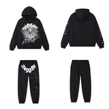SP5DER Web Graphic Pullover Hoodie and Sweatpants Matching Set - Black / White