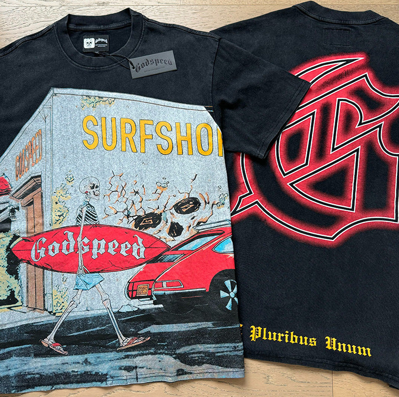 跨境外贸骷髅摇滚乐队复古洗水短袖T恤休闲宽松男女情侣打底衫潮 (67)