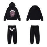 SP5DER Web Graphic Pullover Hoodie and Sweatpants Matching Set - Black / Pink