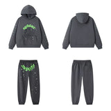 SP5DER Web Graphic Pullover Hoodie and Sweatpants Matching Set - Charcoal Grey / Neon Green