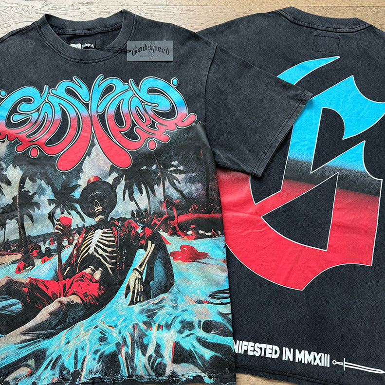 跨境外贸骷髅摇滚乐队复古洗水短袖T恤休闲宽松男女情侣打底衫潮 (61)