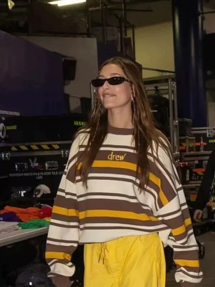 Drew Contrast-Stripe Smiley Graphic Oversized Knit Sweater