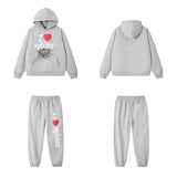 SP5DER Heart Web Graphic Pullover Hoodie and Sweatpants Matching Set - Heather Grey