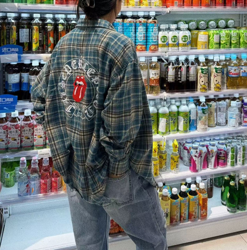 False Perception Rolling Stones Distressed Plaid Flannel